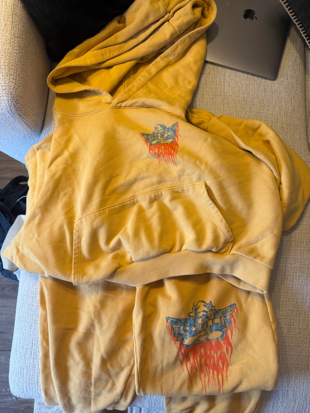 Yellow Graphic Pullover Hoodie with Flame Skull